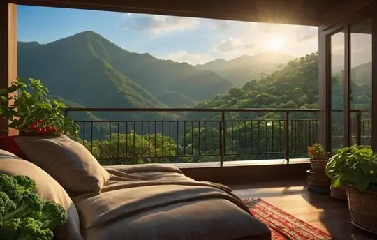 Balcón cubierto reformado con tumbona y vistas a montañas tropicales en día soleado